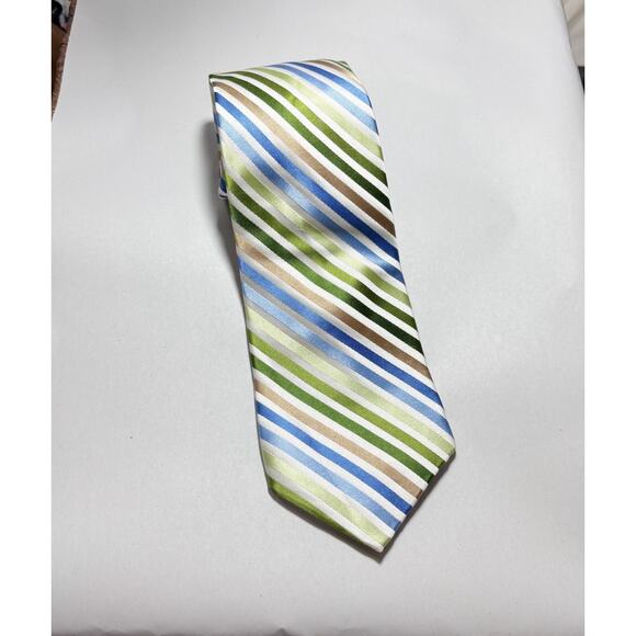 Beverly Hills Polo Club 100% Silk Tie Blue Tan Green Striped Classic Necktie - Picture 1 of 2